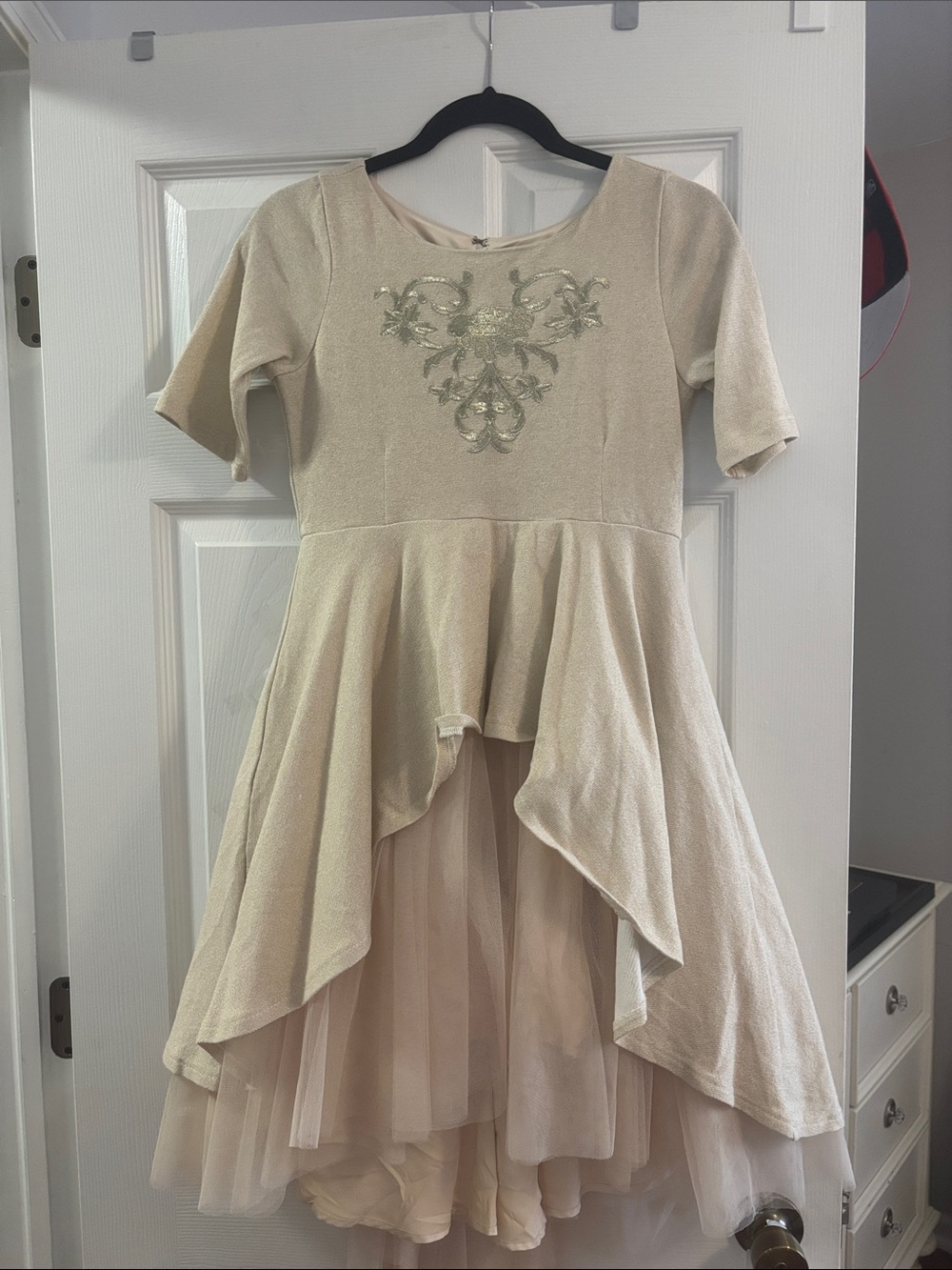 Joyfolie Cream High-Low Tulle Party Dress with Embroidered Bodice